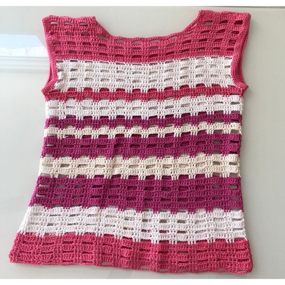 1970s Top, Size M, Vintage Crochet Shirt, Pink Knit Sleeveless Shirt - Picture 7 of 10